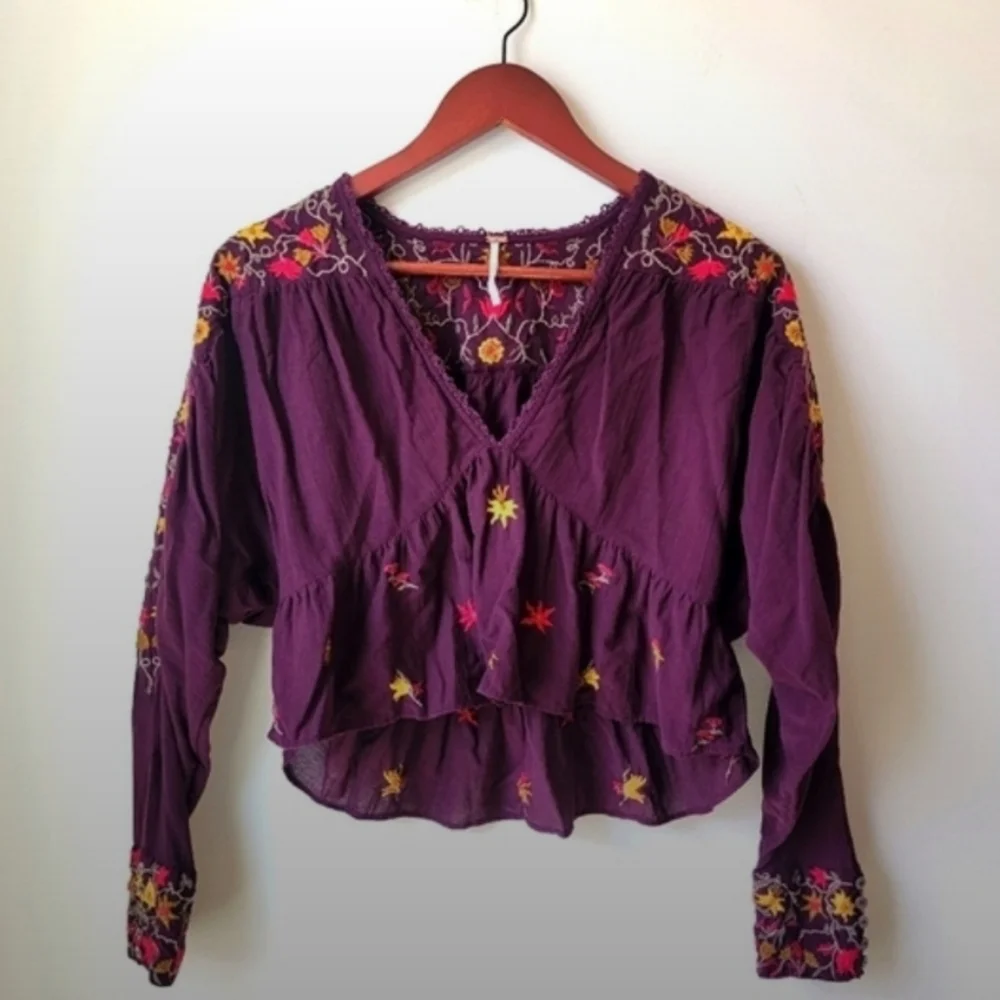 Free People Wildflower Ava Embroidered Boho Top Blouse Women's Size Small